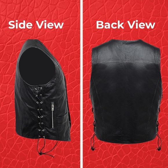 Gold Panel Black Mens Genuine Leather Motorcycle Vest 2XL Premium Leather New - Picture 11 of 13